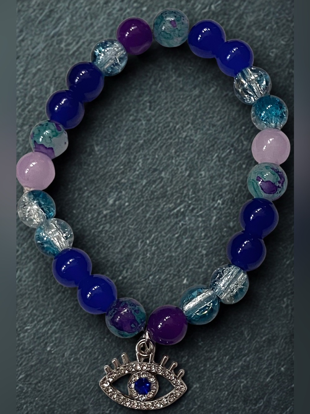 Silver All Seeing Eye charm/ blue and purple glass beaded bracelet hand crafted